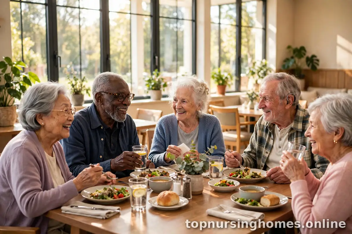 Senior residents enjoying lunch together in a bright nursing home dining room