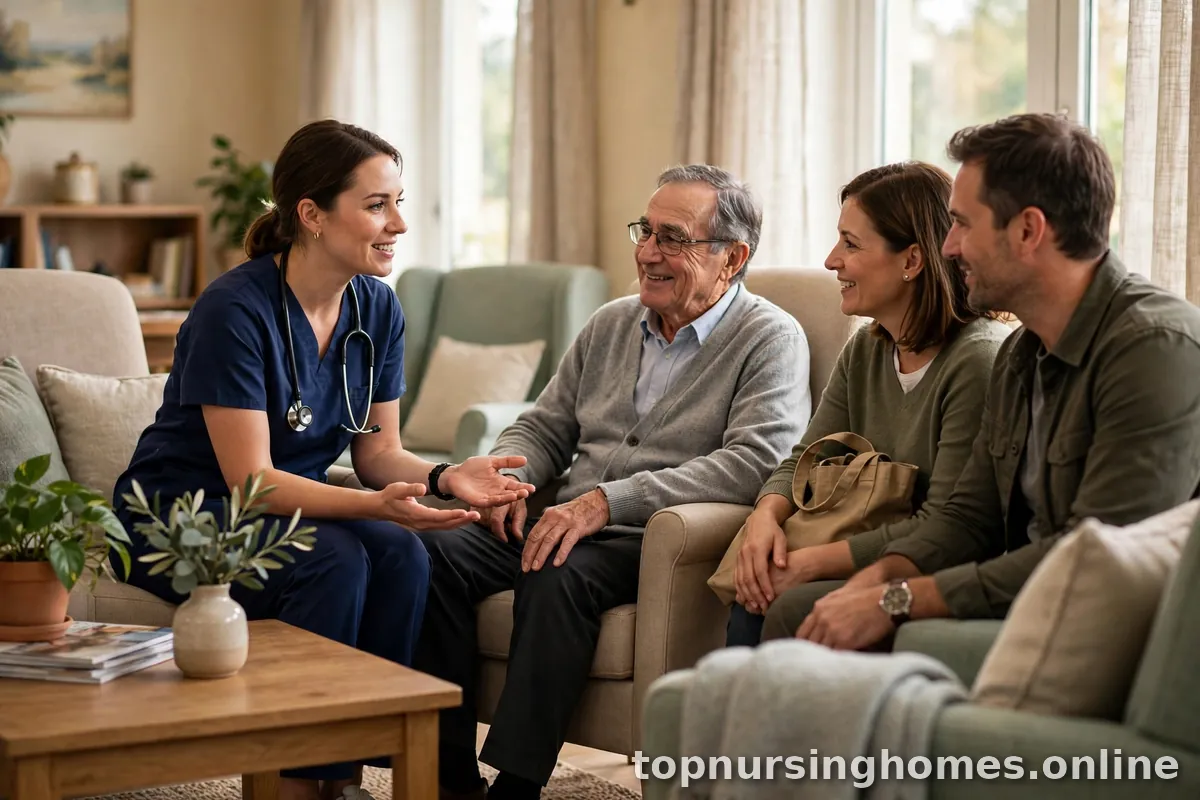 Nurse speaking warmly with a visiting family in a comfortable facility lounge
