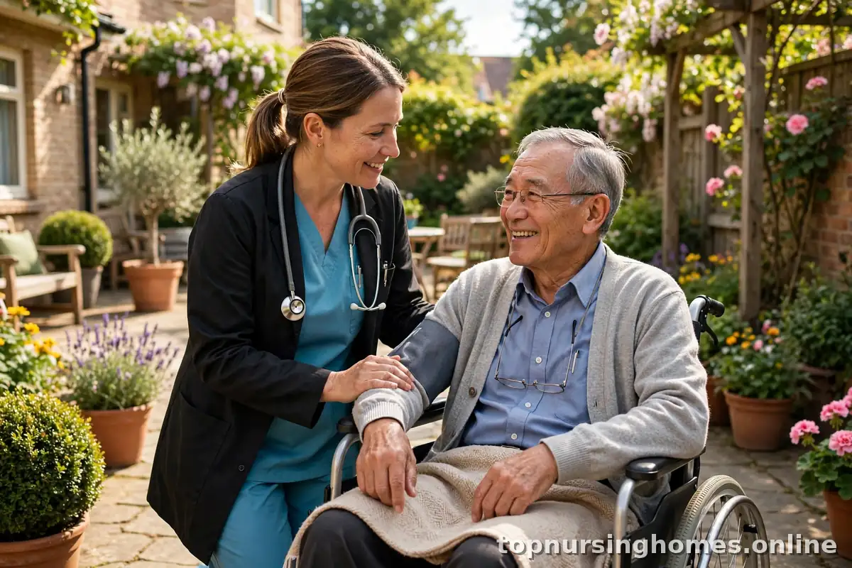 Nurse checking on a smiling senior resident in a wheelchair in a sunny garden courtyard