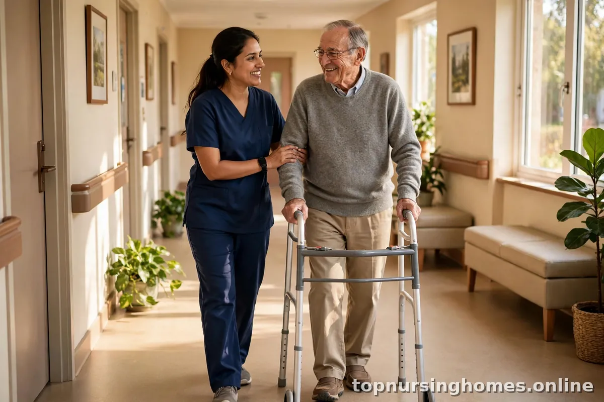 Caregiver helping an elderly man with a walker in a bright nursing home hallway
