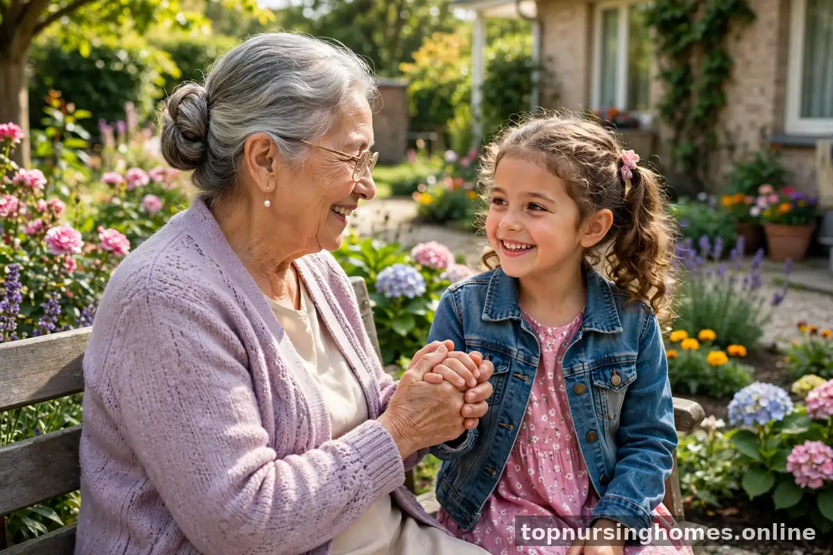 Grandmother and young granddaughter holding hands and smiling in a bright nursing home garden