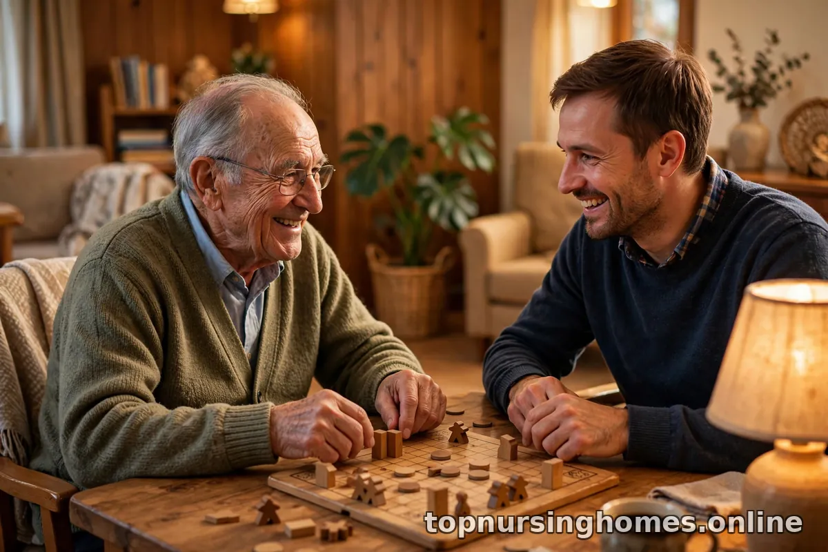 Elderly man and his adult son playing a board game at a table in a cozy nursing home common room