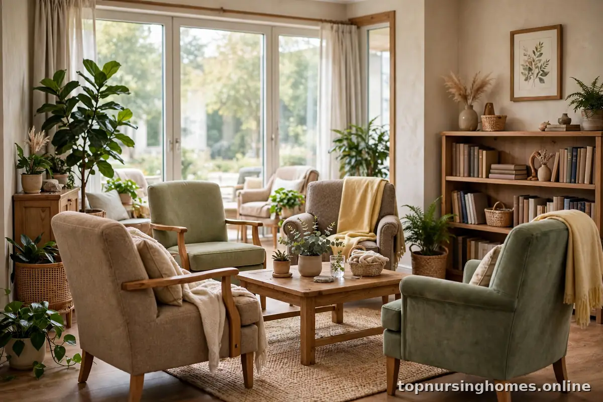 Bright, secure memory care common area with comfortable armchairs arranged in a welcoming circle