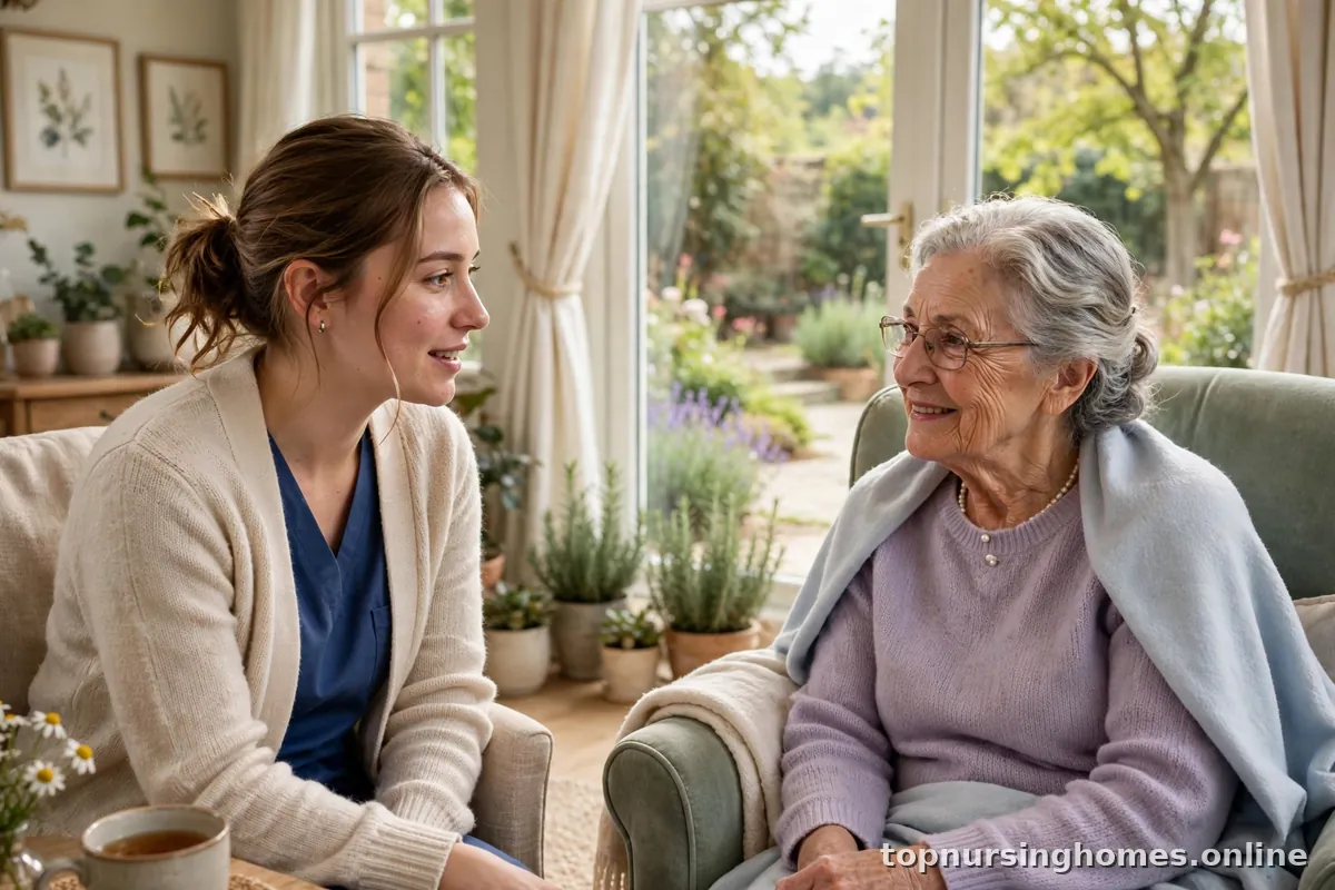 Caregiver sitting beside an elderly woman, talking gently in a bright room with a garden view