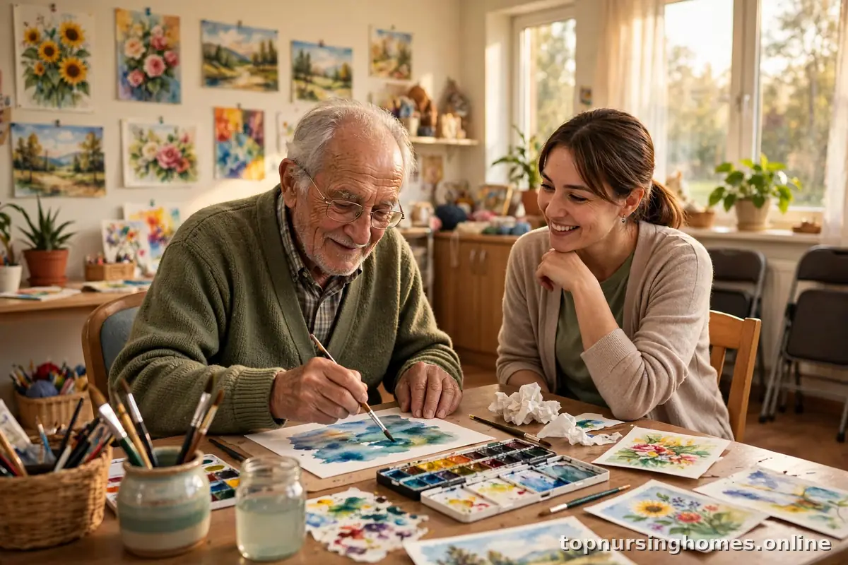 Elderly man painting watercolors at a table in a bright memory care activity room