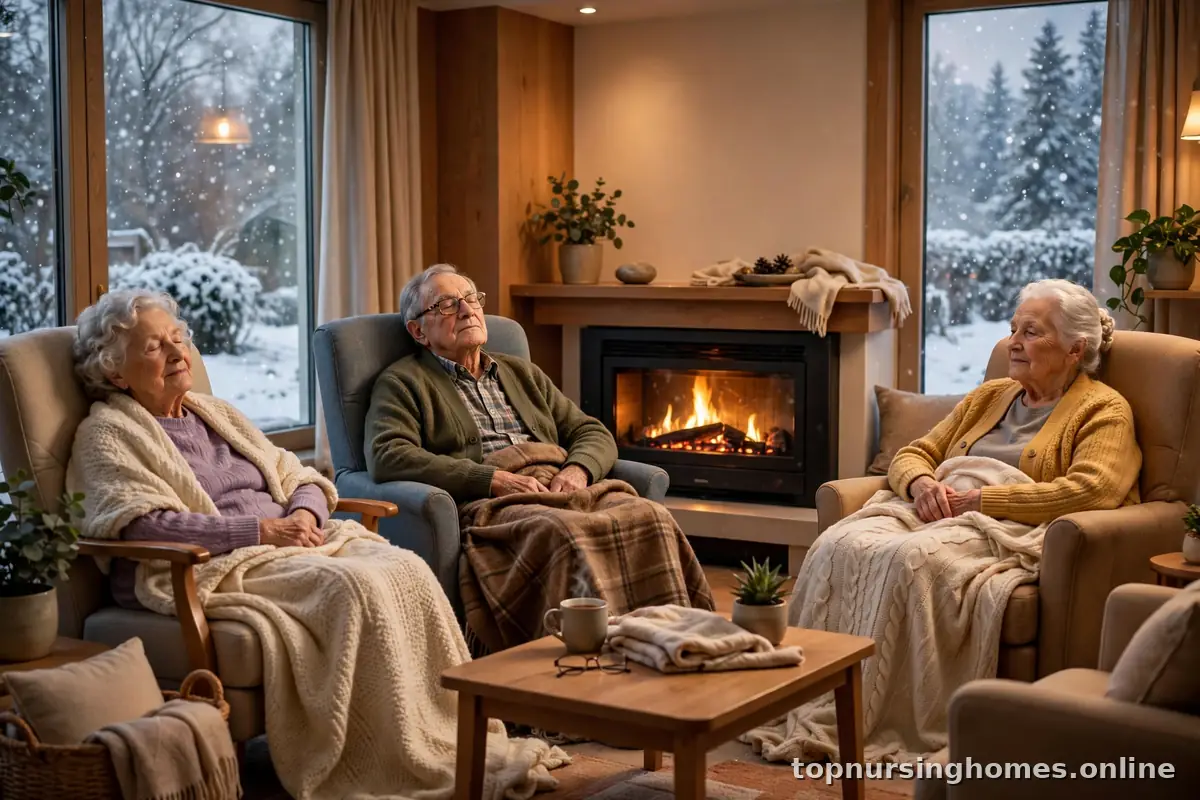 Cozy memory care lounge in winter with residents in armchairs, warm blankets, and snowfall outside the windows
