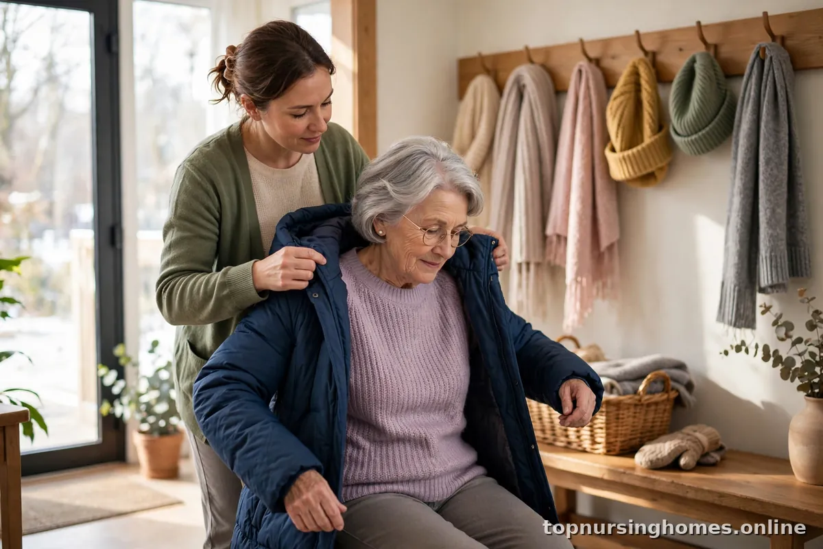 Caregiver helping an elderly woman put on a warm winter coat near a bright facility entryway
