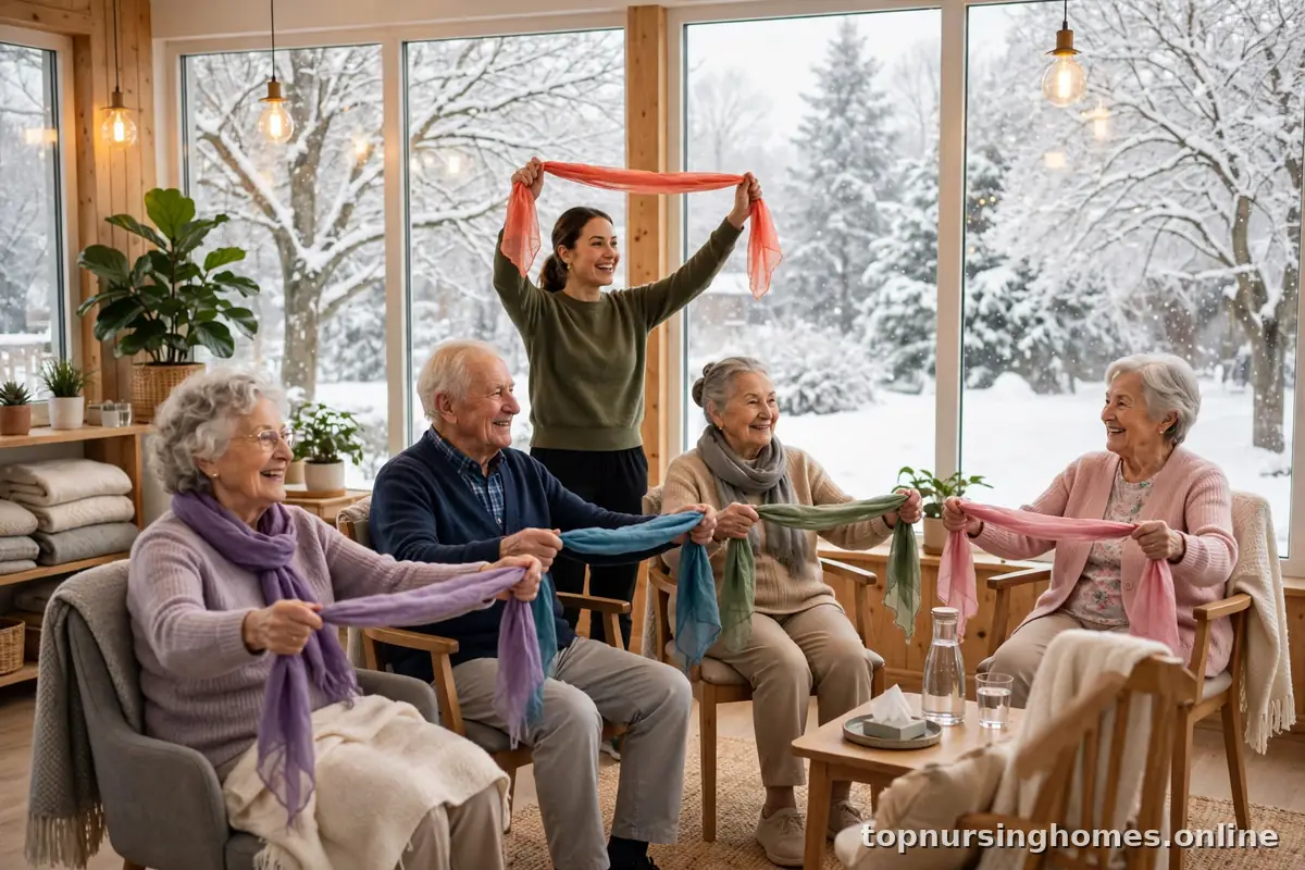 Elderly residents doing gentle seated exercises with colorful scarves in a bright winter activity room